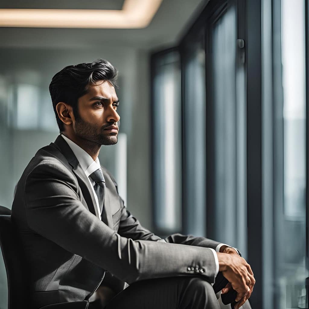 A person dressed in suite looking out of the window
